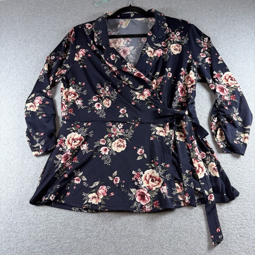 PerSeption Concept L Navy Floral Side Tie Wrap Blouse Boho Cottagecore Top